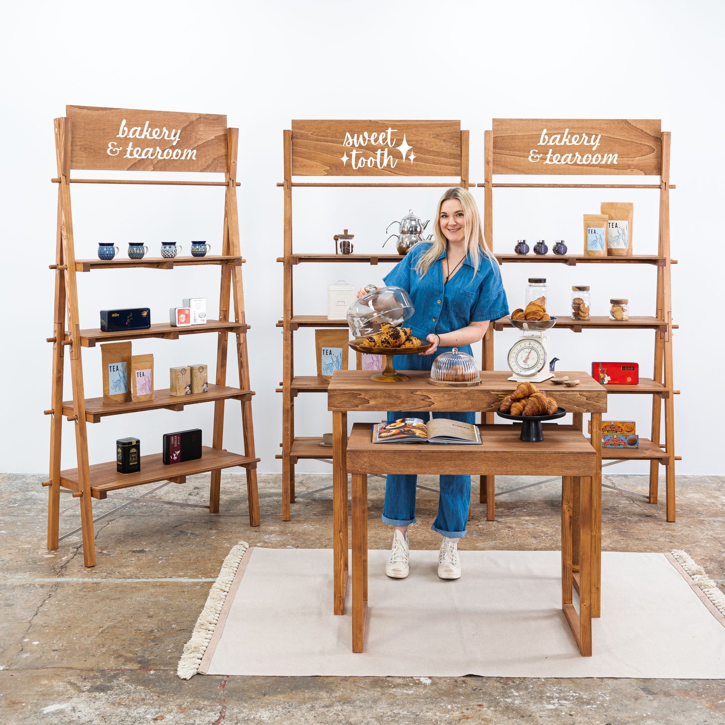Wooden display table and shelving unit set for vendor booth setup
