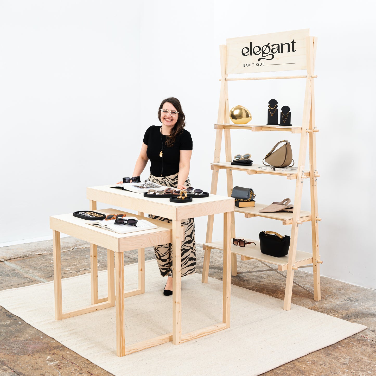 Portable booth with minimalist natural wood aesthetic