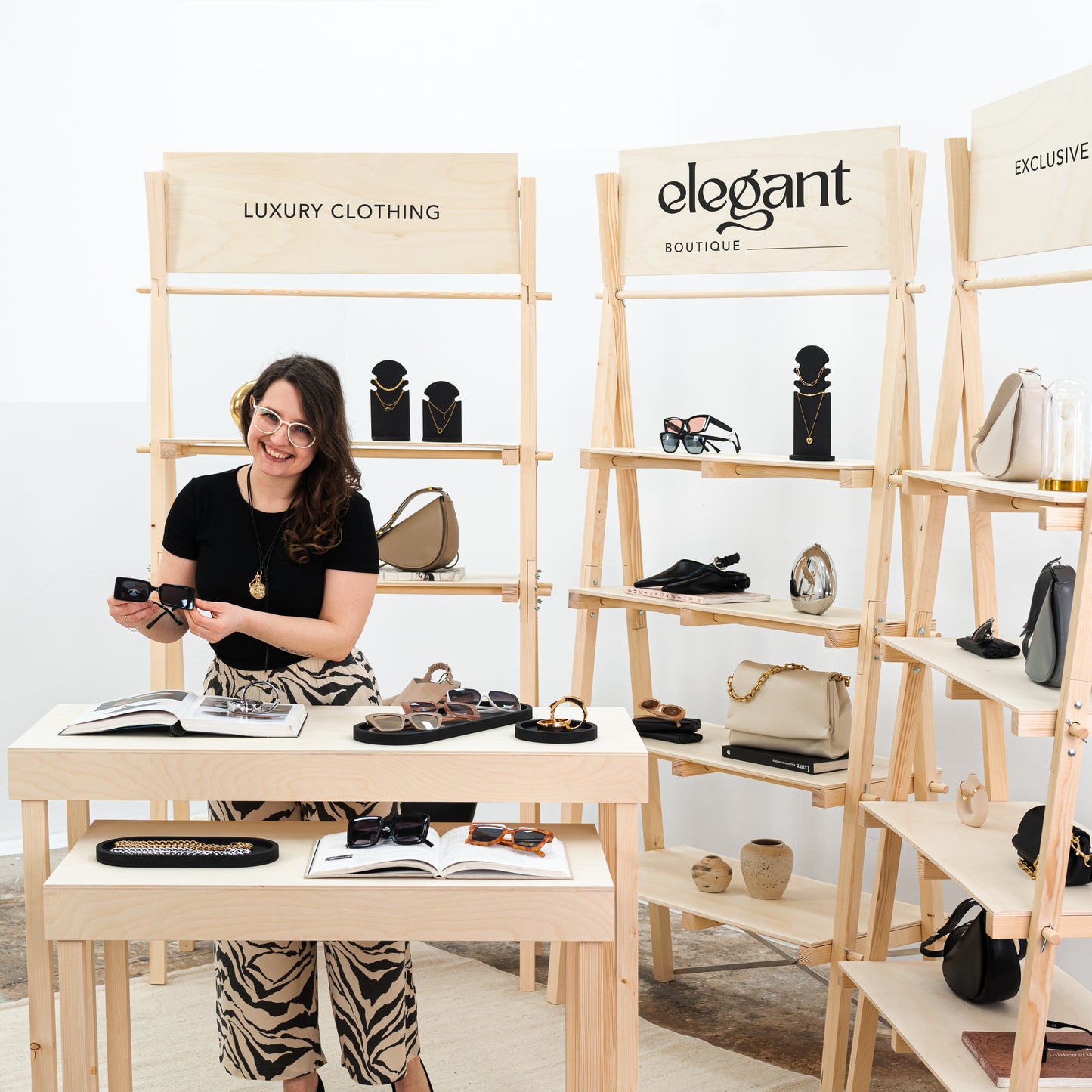 Natural wood display furniture for artisan and lifestyle brands