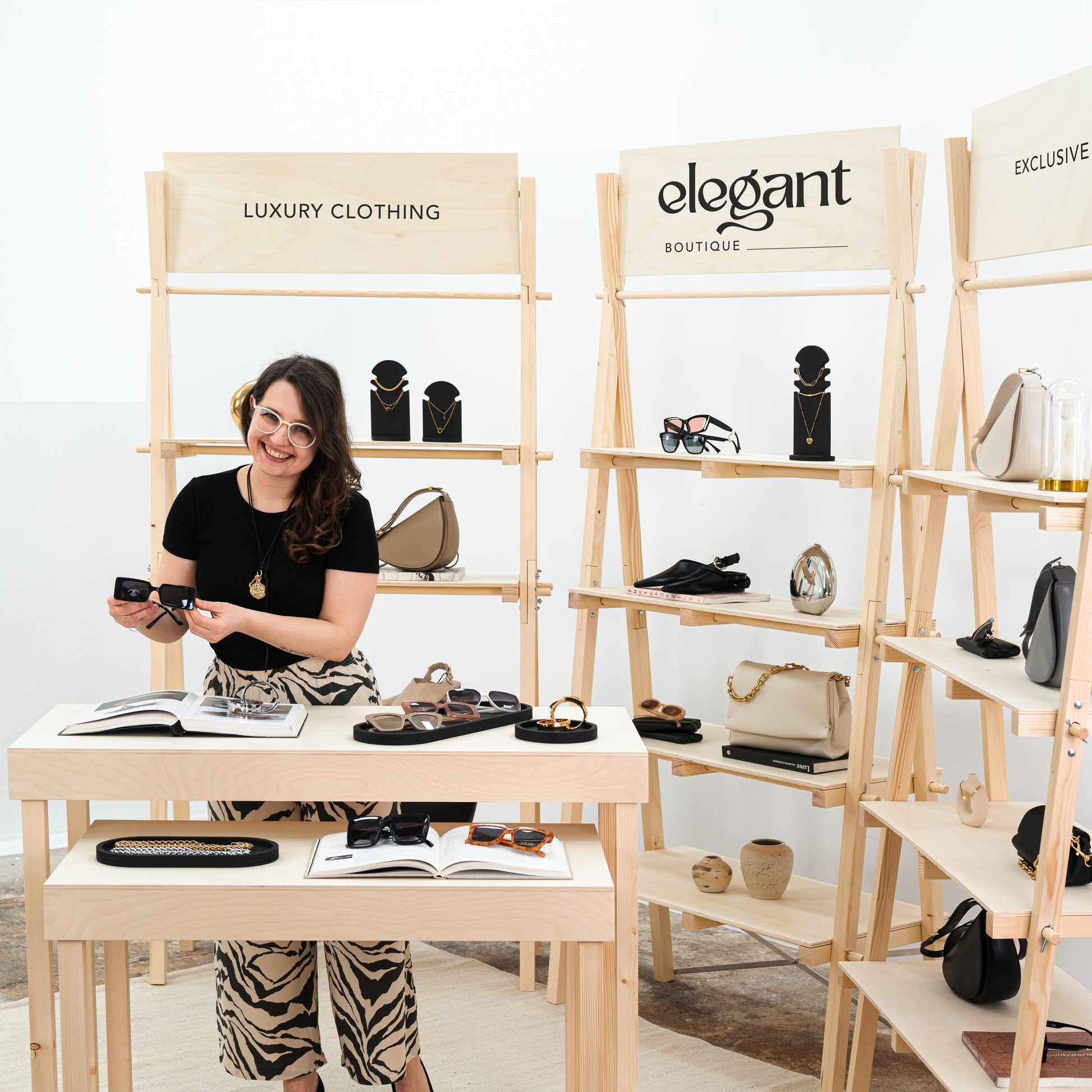 Natural wood display furniture for artisan and lifestyle brands