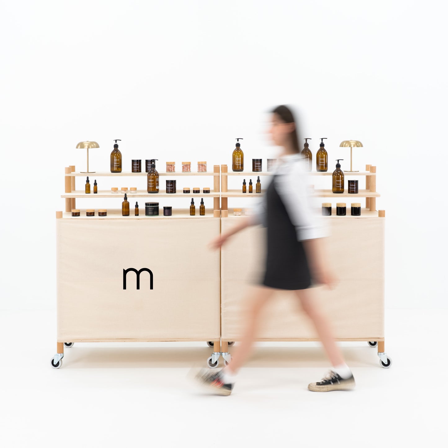 Portable wooden checkout counter with lockable wheels and modular design