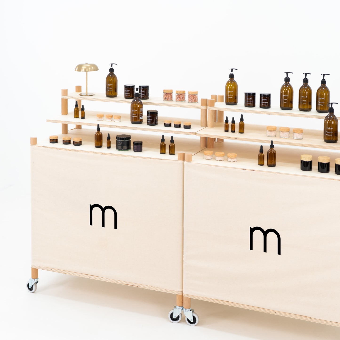 Pop-up market checkout counter with neutral canvas and minimalist layout