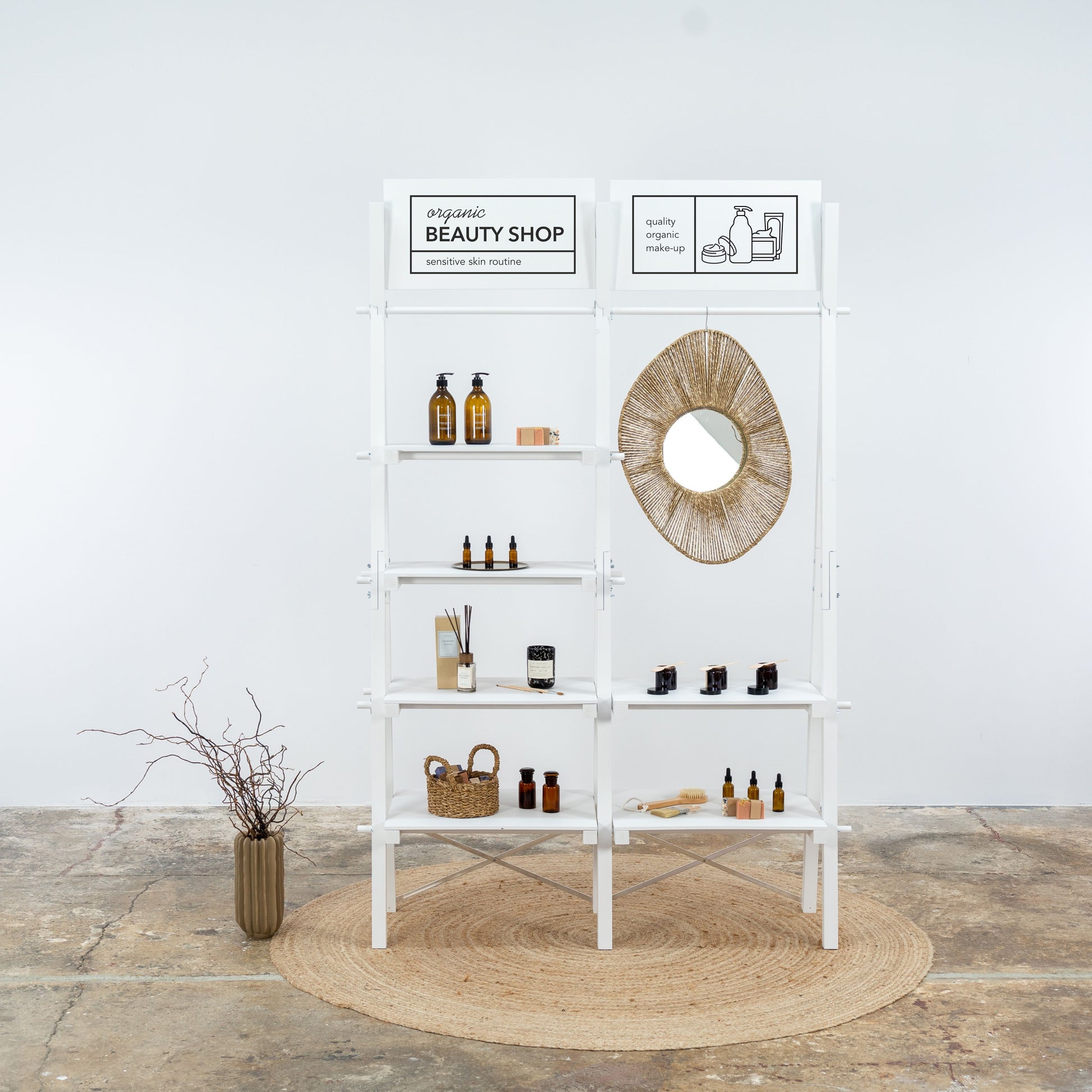 Minimalist white display furniture for craft fairs and vendor stalls