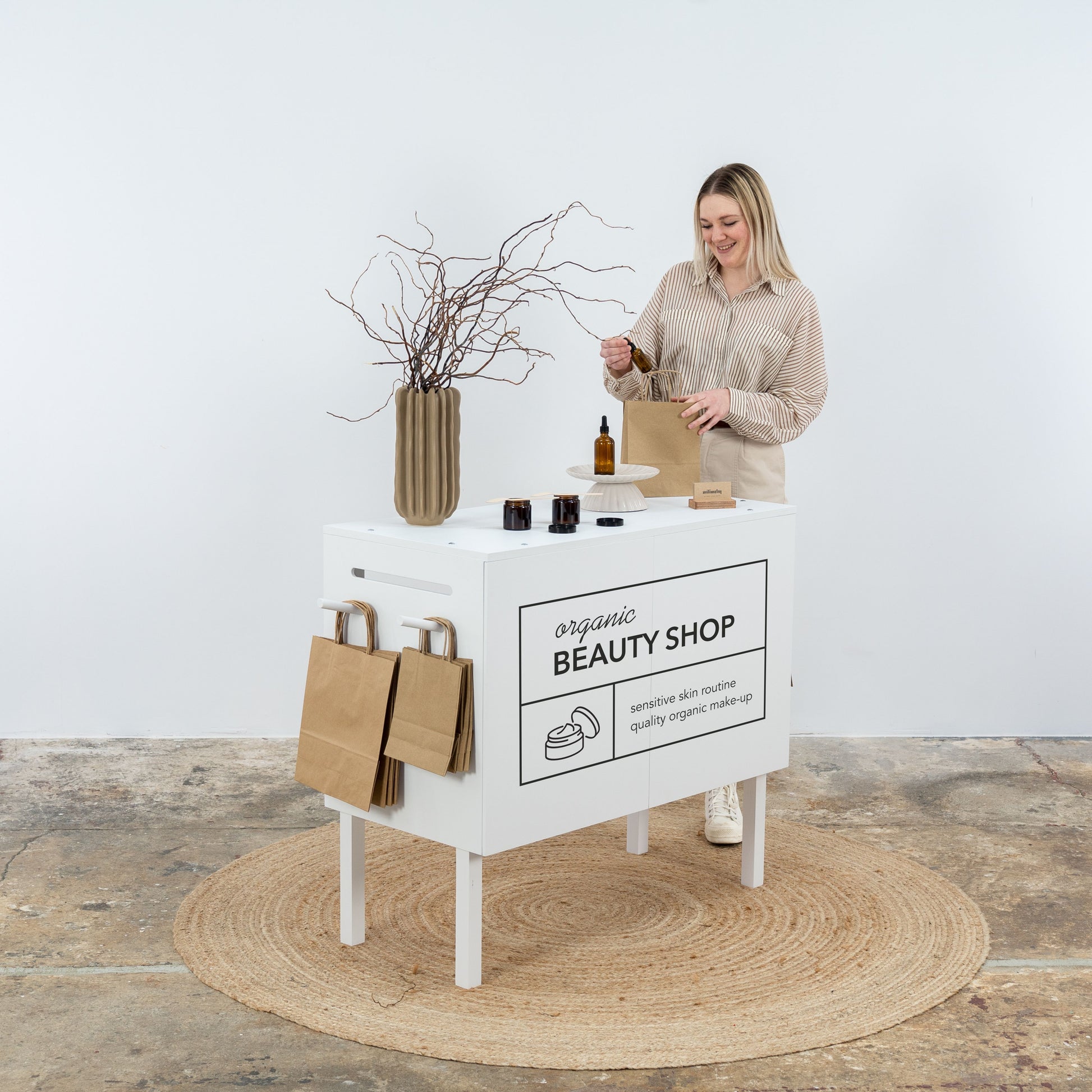 Trade fair booth display in white finish with branding options