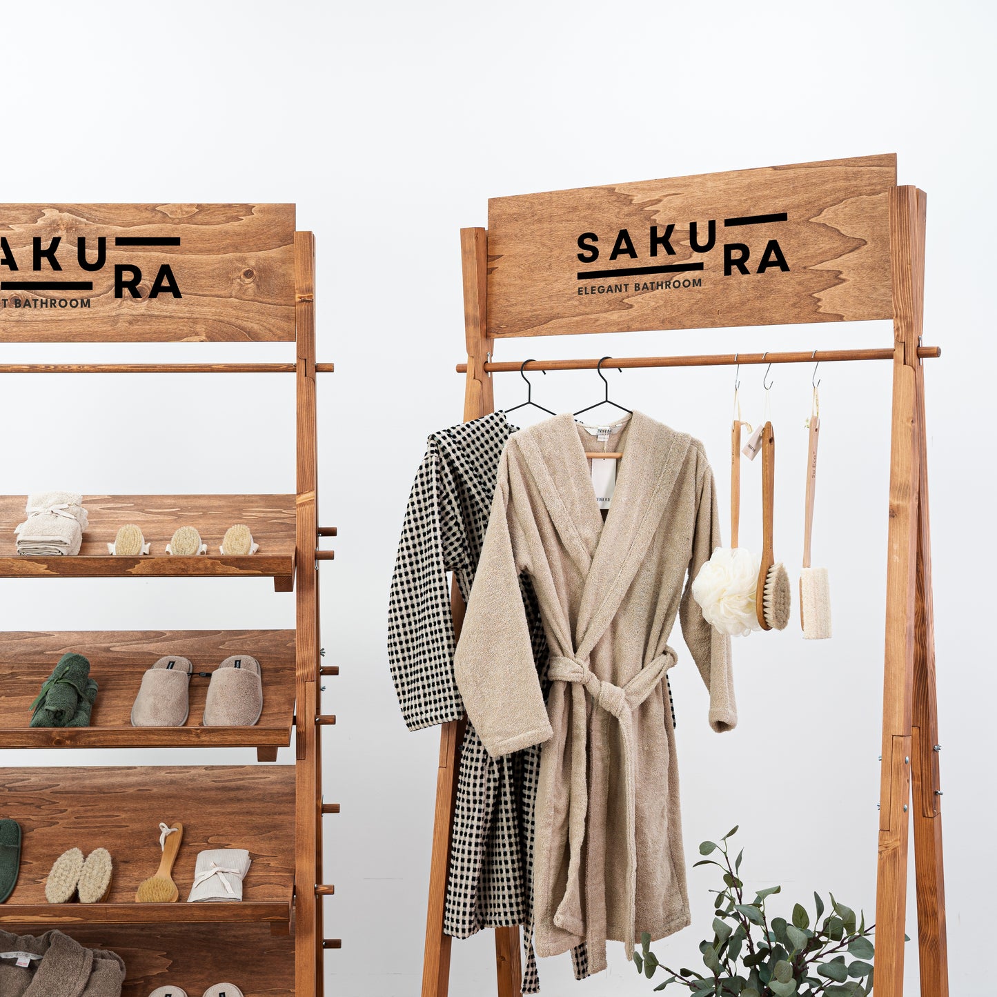 Wooden retail display for handmade textiles and clothing