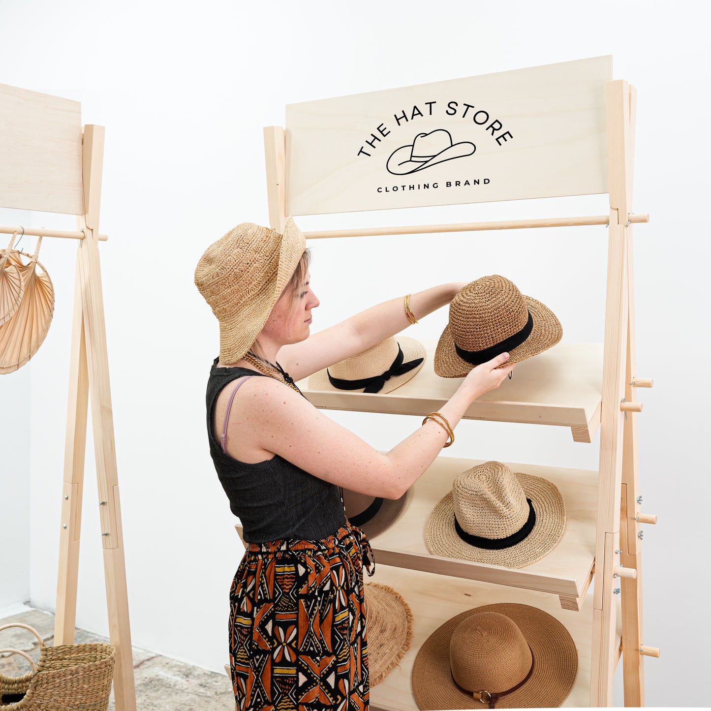 lightweight natural wood shelving system for exhibitions and boutiques