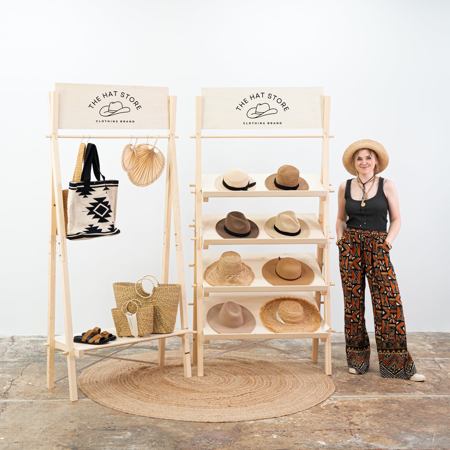 natural wood retail display set with shelves and clothing rack for trade fairs