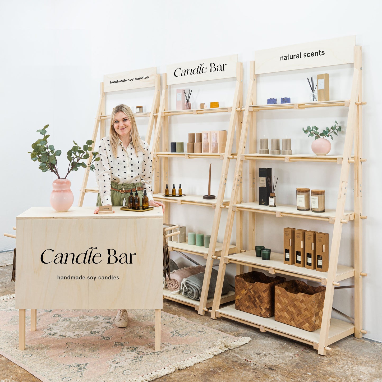 Trade show furniture set with natural wood finish – front view
