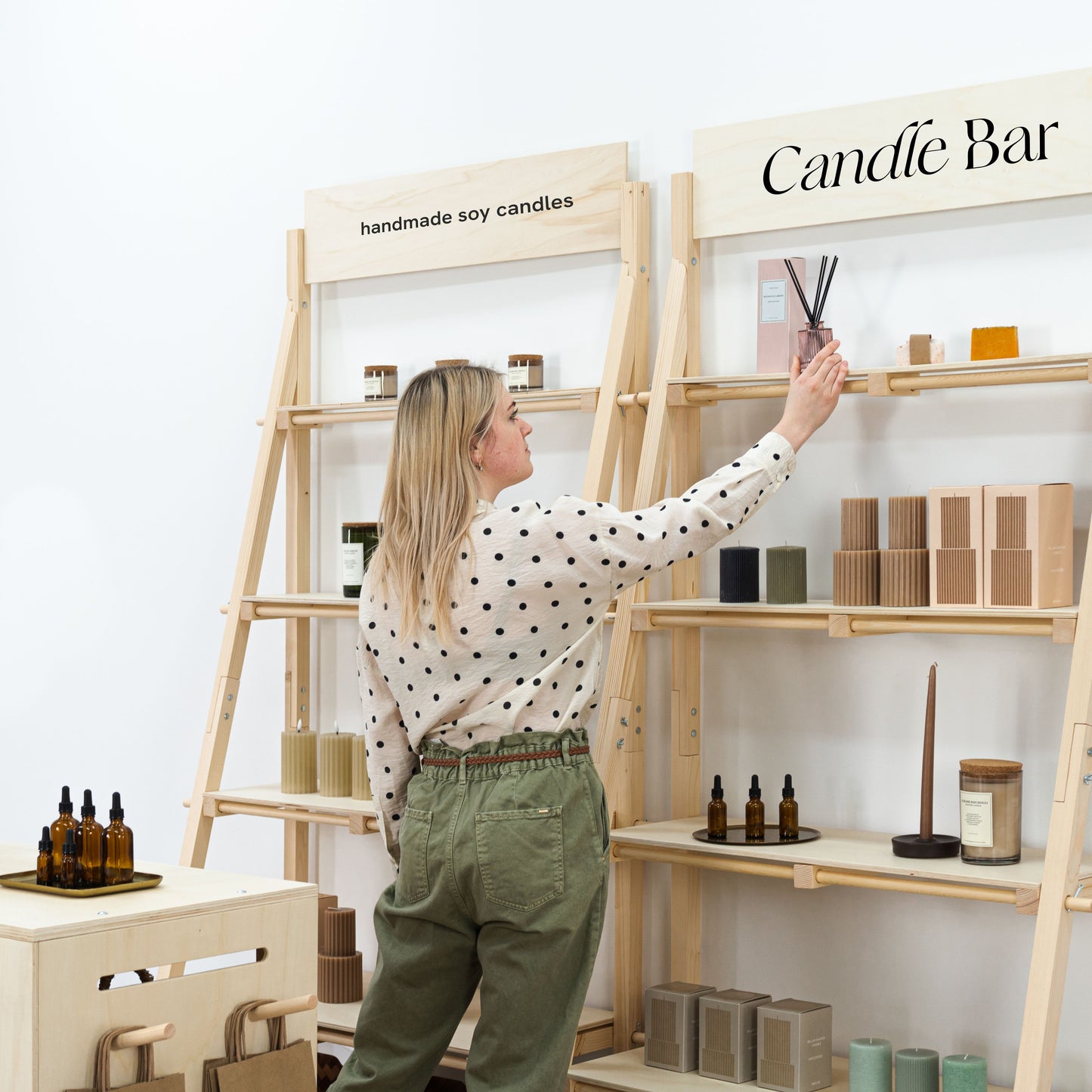 Wooden retail shelving units for product presentation