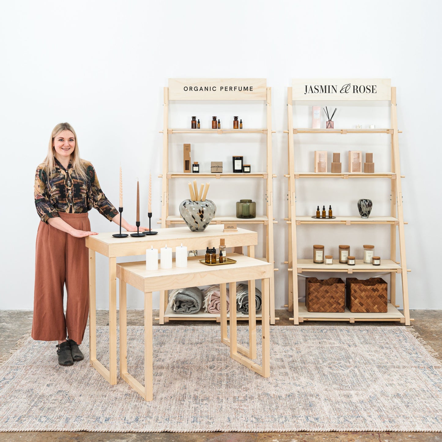 Wooden exhibition setup in natural wood