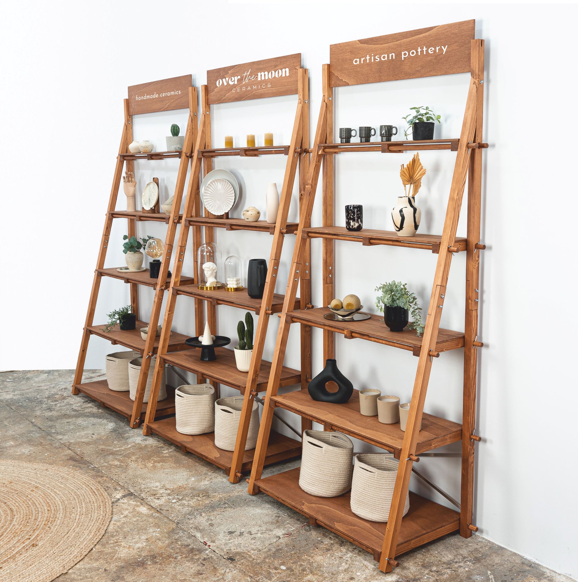 Vertical shelving unit in deep brown tone for eco-conscious retail