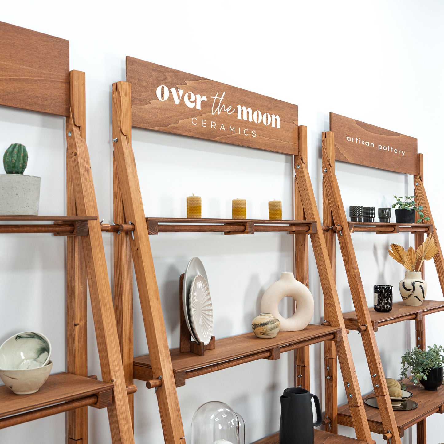 Flat-pack shelving solution in coffee color for mobile retail events