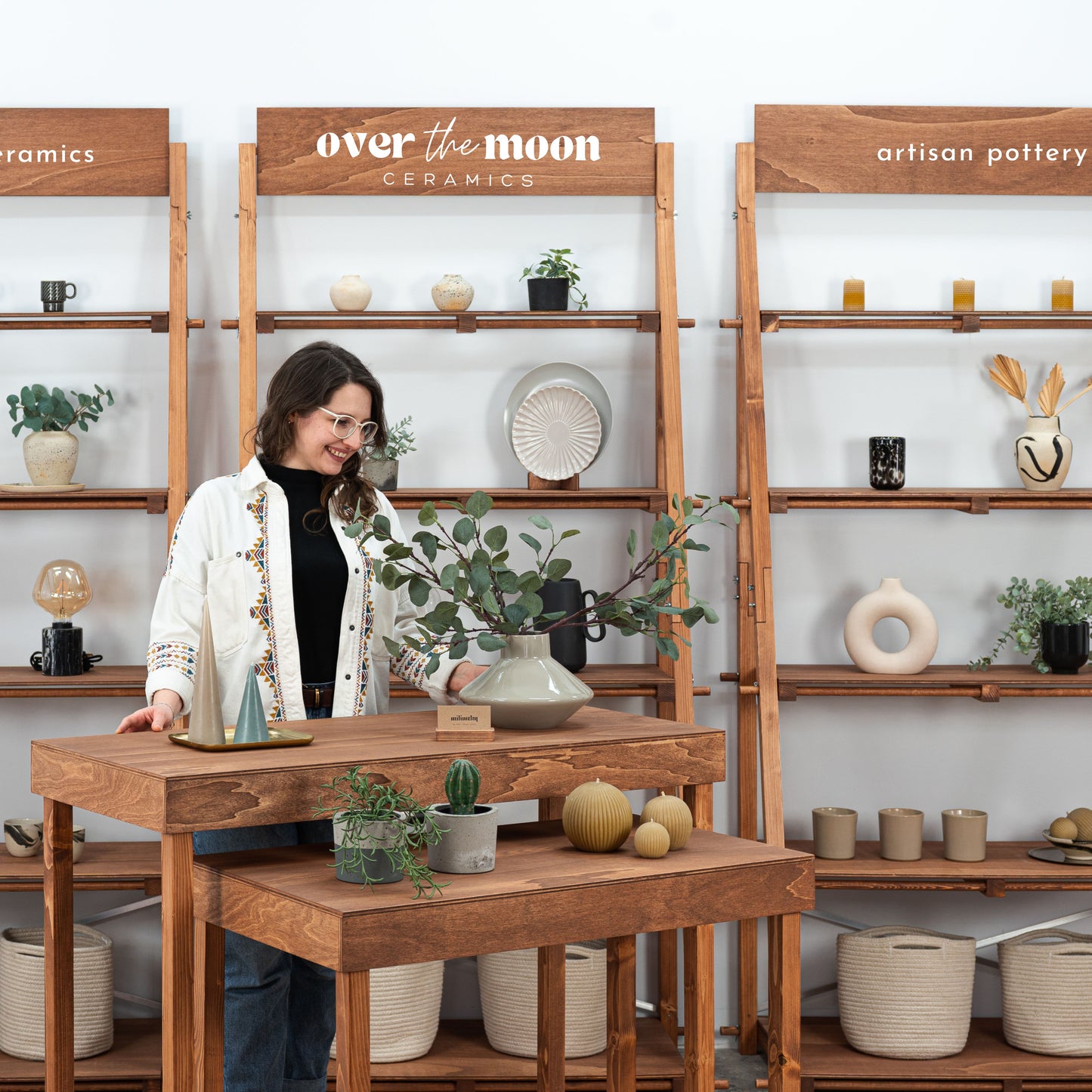 Cascading display tables from the California Bundle perfect for jewelry, accessories, and small goods