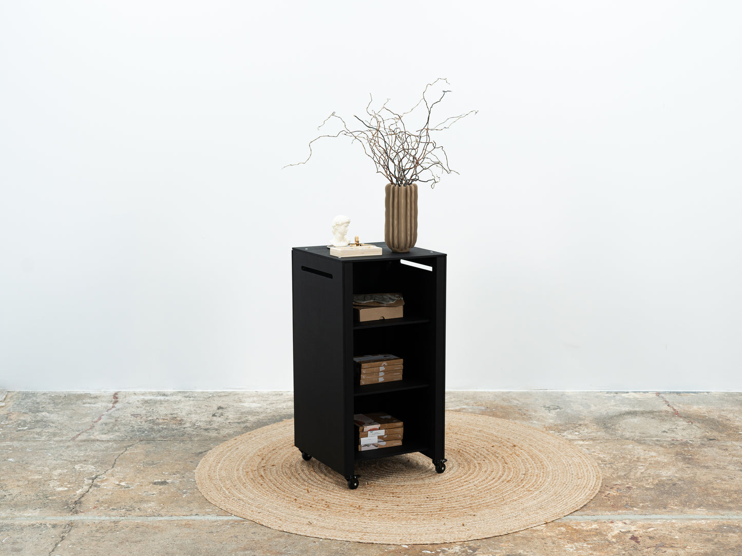 SET Vienna BL : Comptoir portable VC-06-W-BL et table VC-04-CW-BL de couleur noire, caisse, station de dégustation