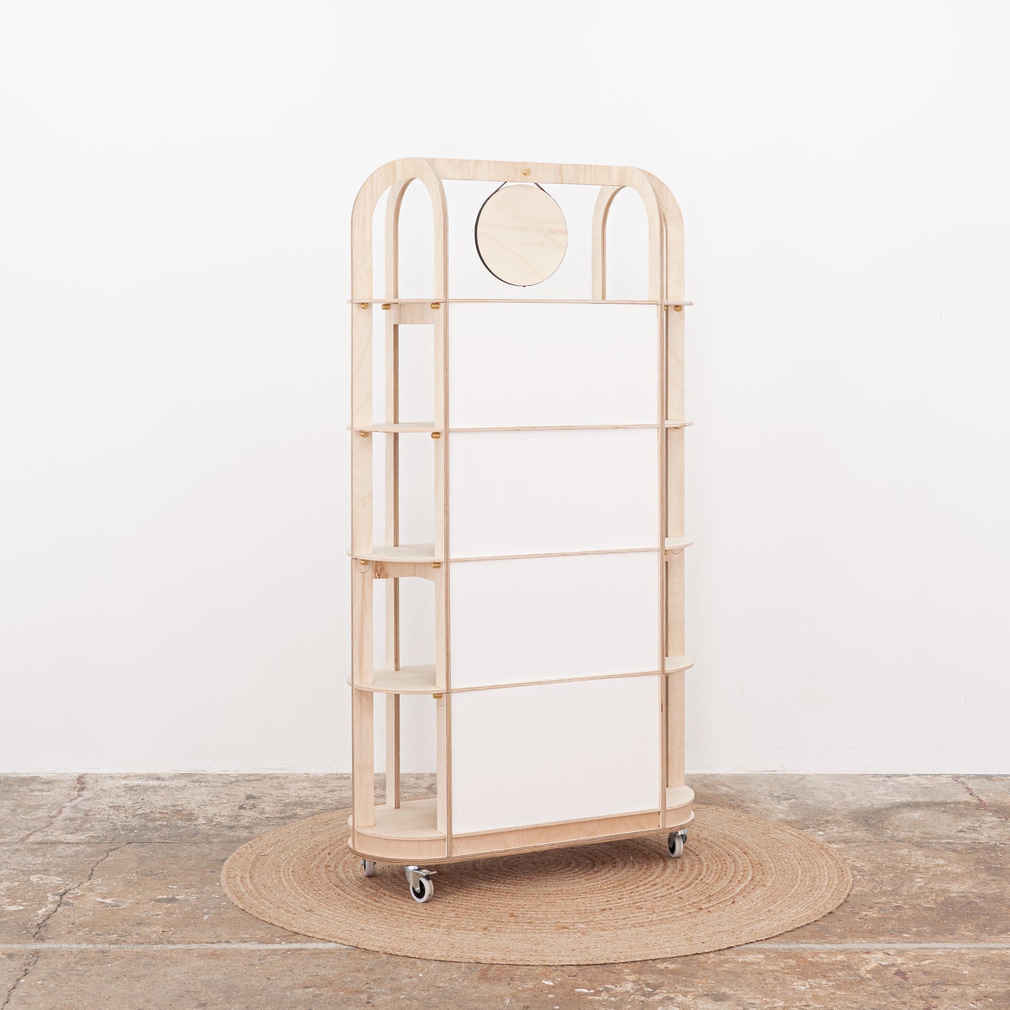 Freestanding product display with five spacious open tiers