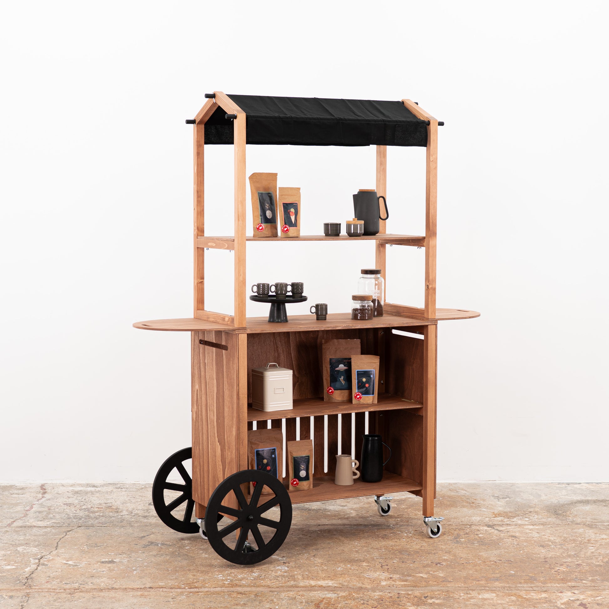 Modular dark wood cart with matte finish and customizable front