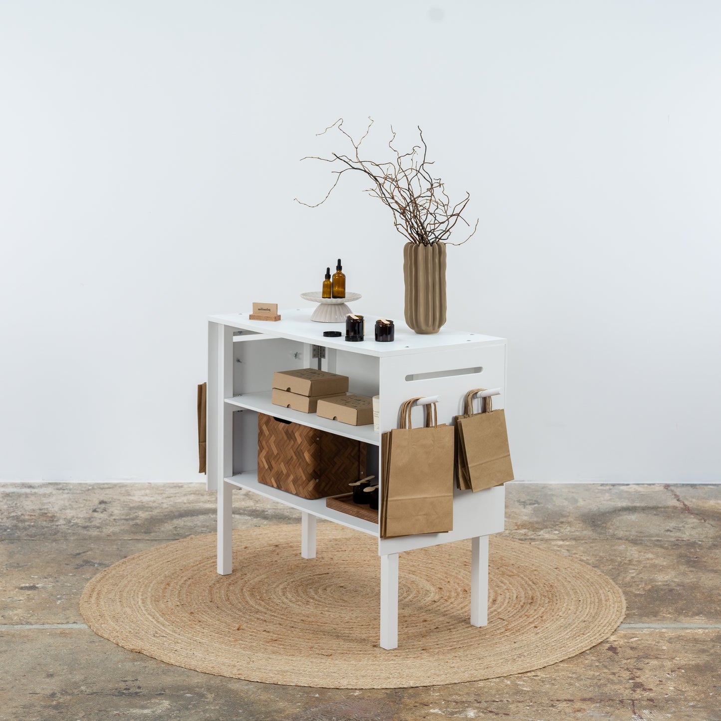 Event booth white cashier counter with detachable pegs