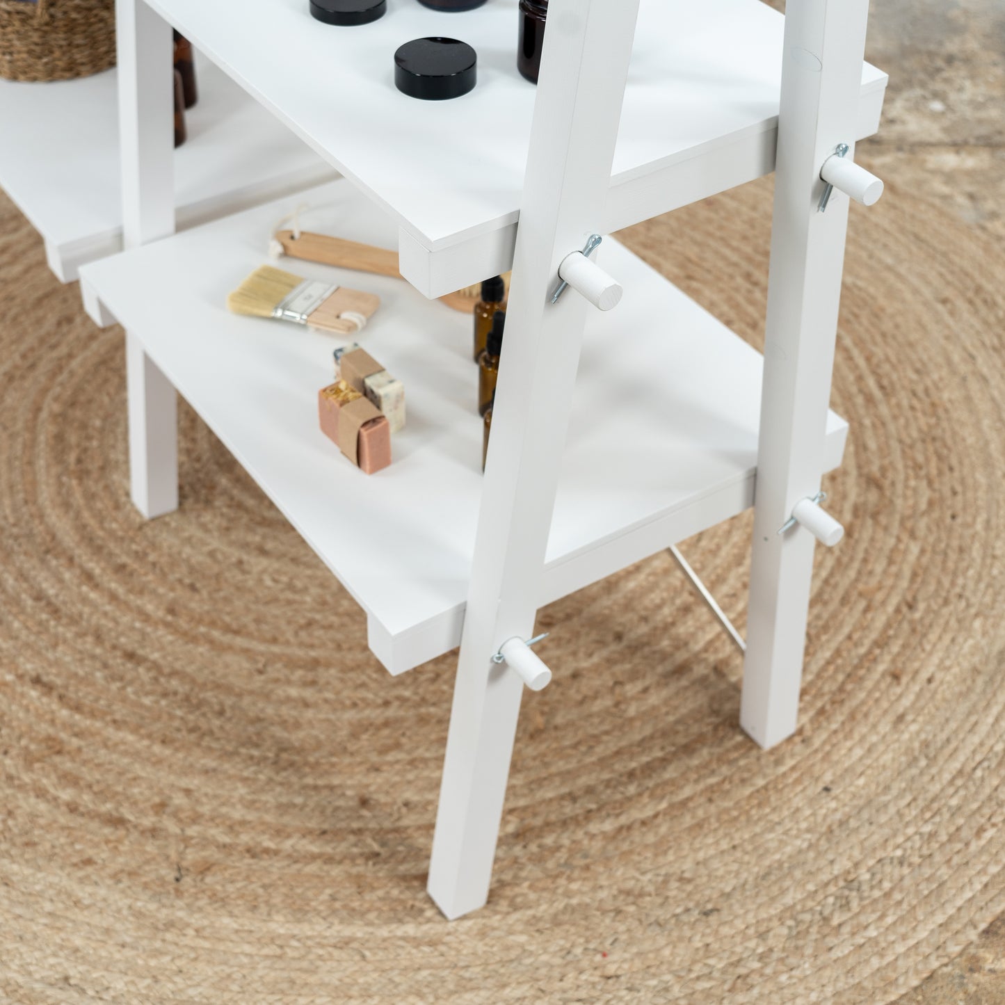 White wooden double rack with branding space for trade show setups