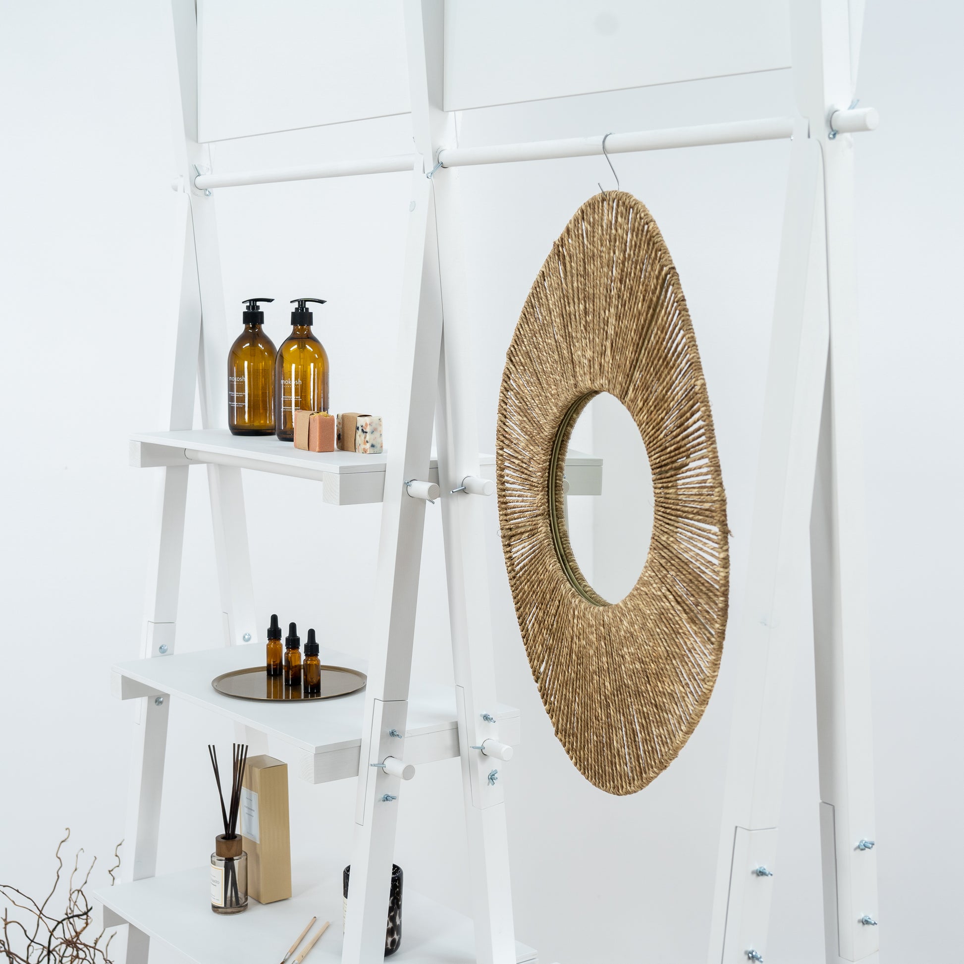 Modular booth furniture set with storage space and display flexibility