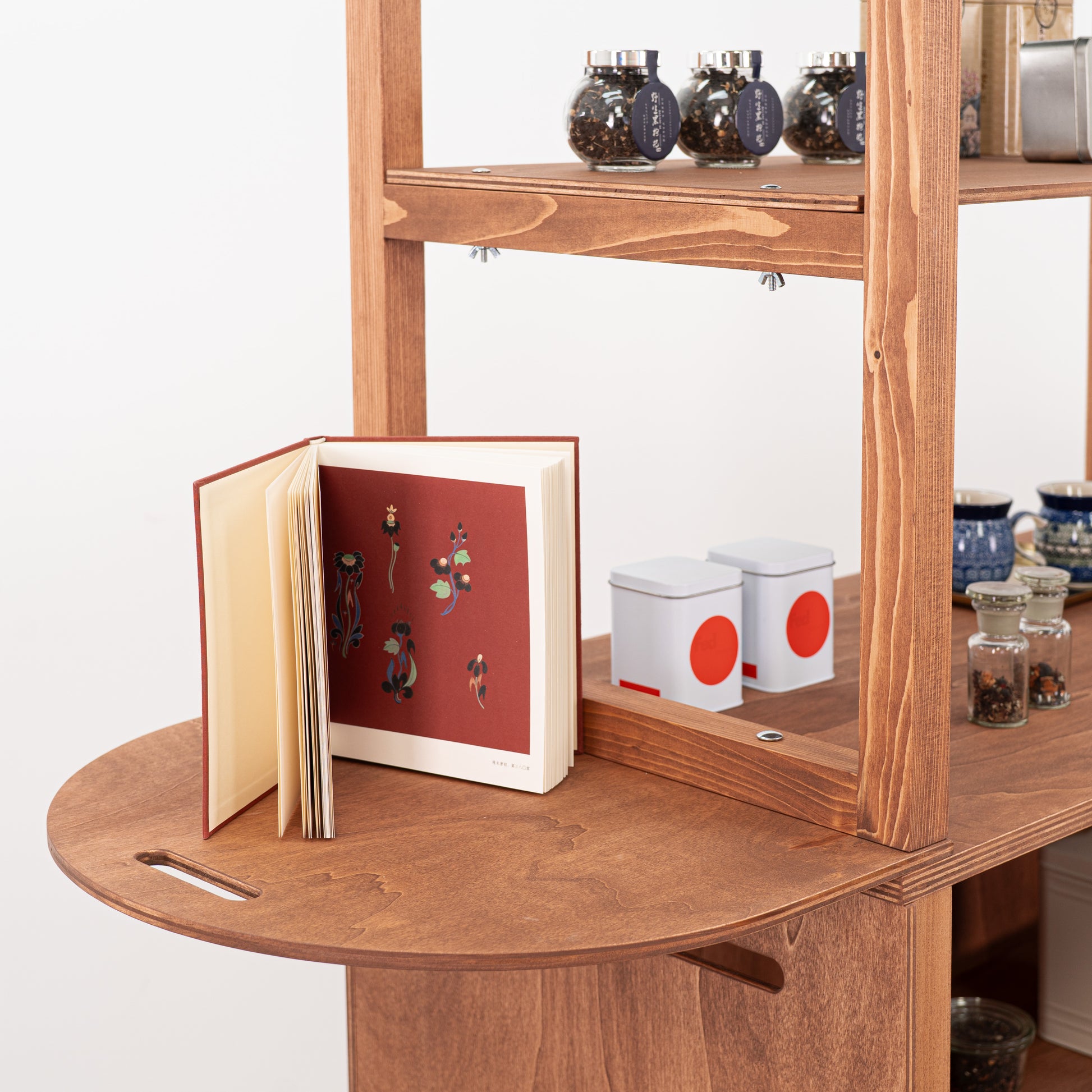 Folding wooden promotional cart with product arrangement