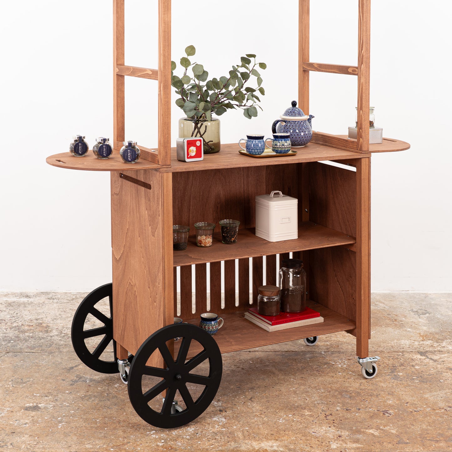 Eco-conscious wooden cart with natural grain and black wheels