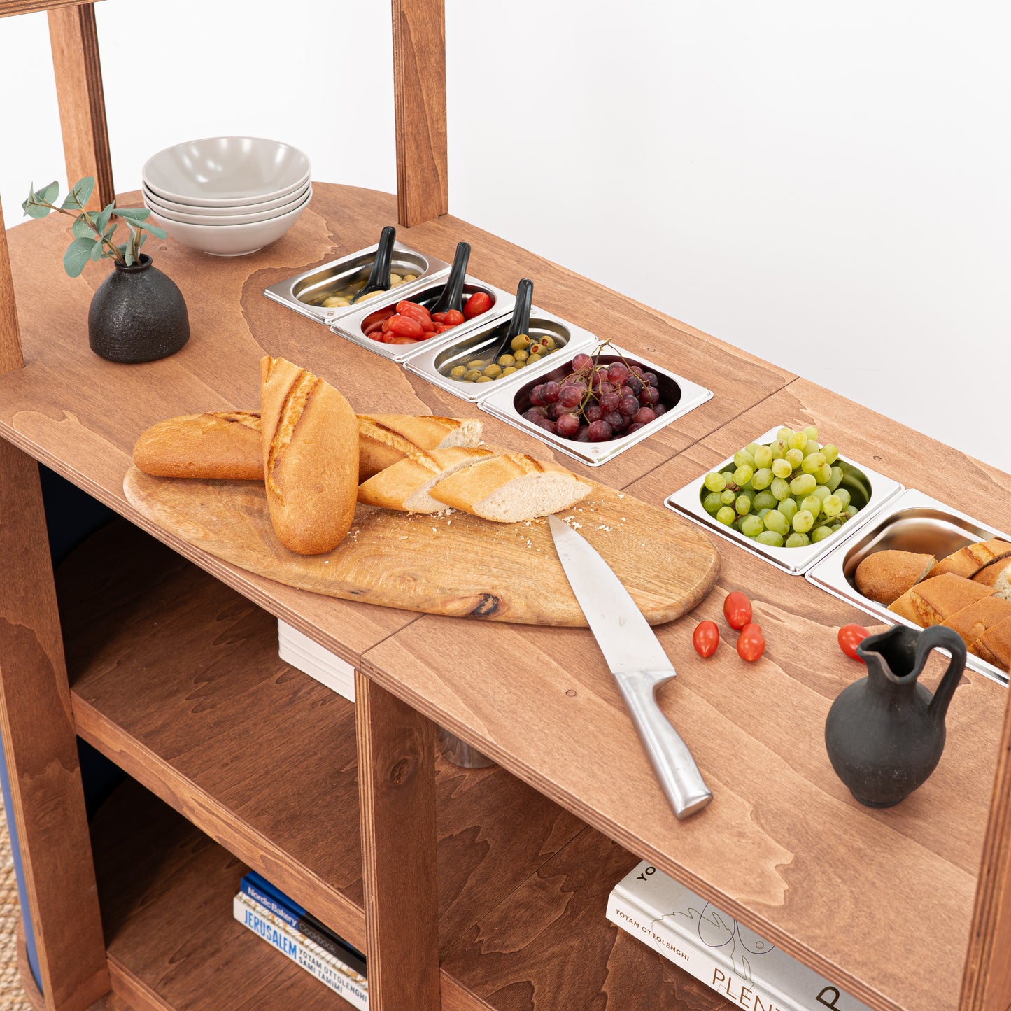 VC-29-A-W Charcuterie Cart at a corporate event, showcasing appetizers and beverages in an elegant, professional display.