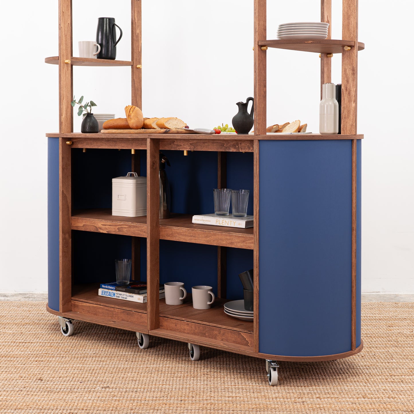 Charcuterie Cart with cut-out spaces designed for bain-maries, featuring wooden covers that create a uniform countertop when not in use.