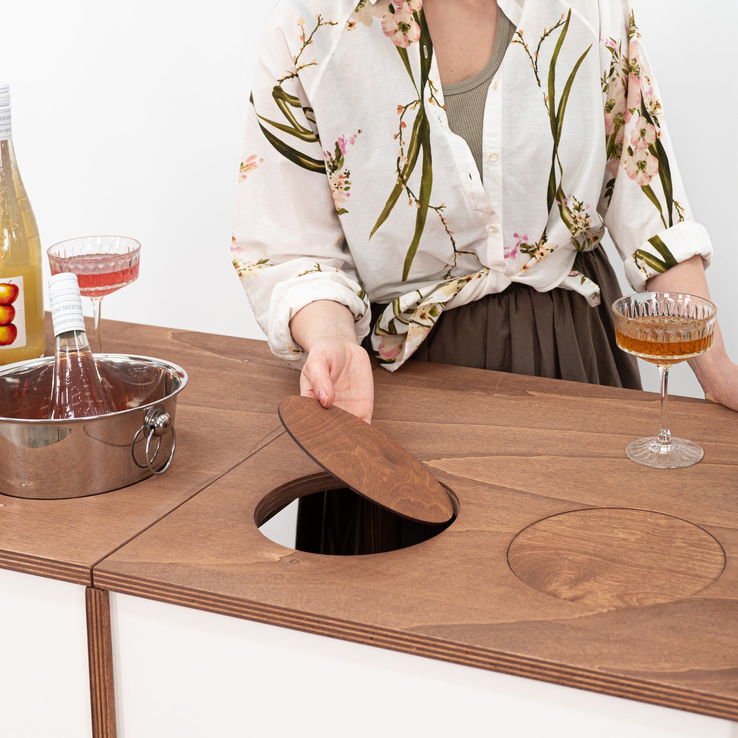 Prosecco bar cart with smooth, unified surface when coolers are not in use.