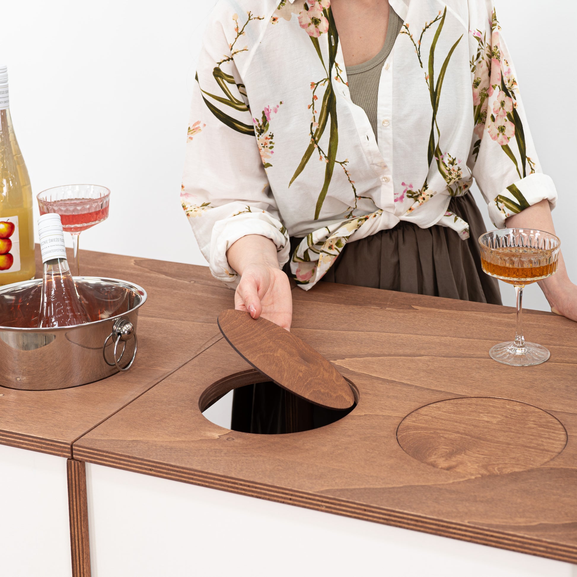 Prosecco bar cart with smooth, unified surface when coolers are not in use.