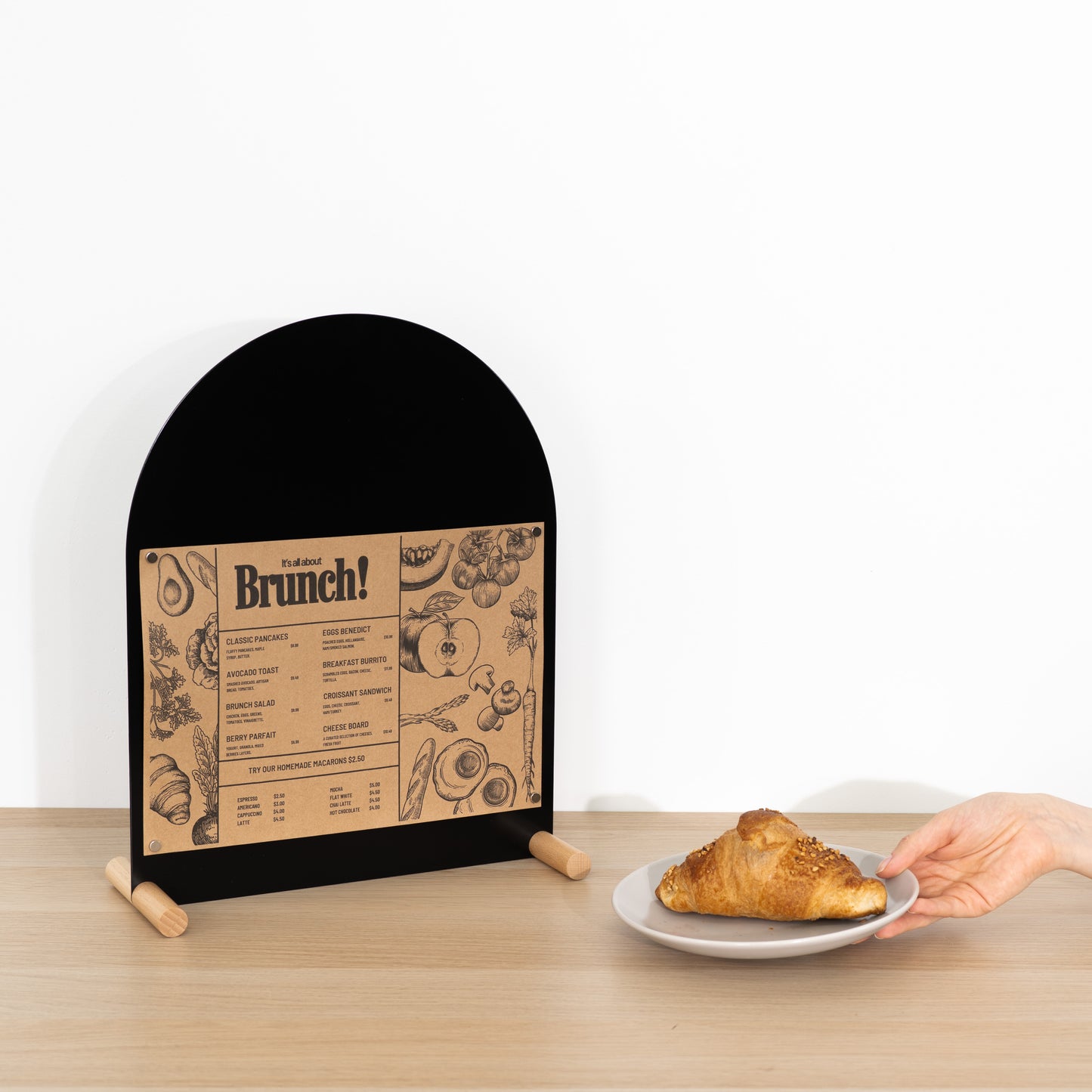 Tabletop signage with magnetic graphics and chalk text