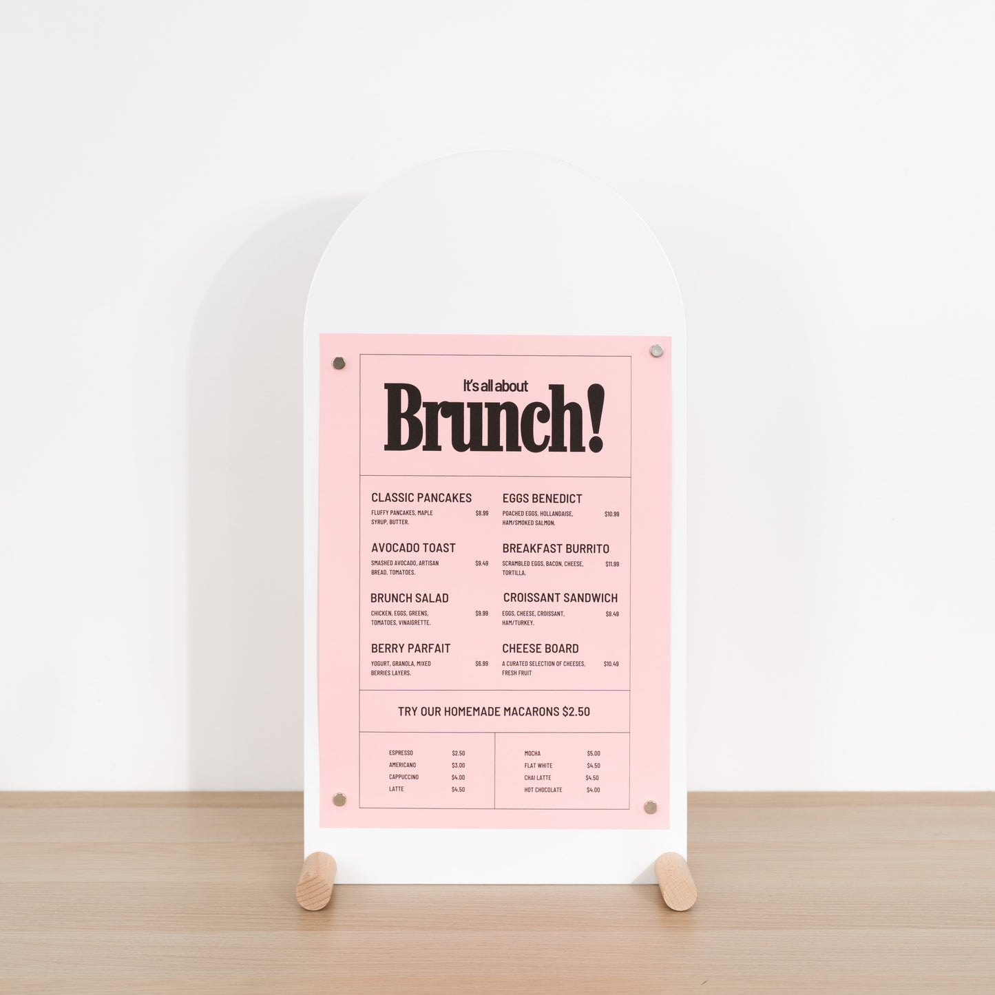 Tabletop marketing sign with replaceable message area and minimal design