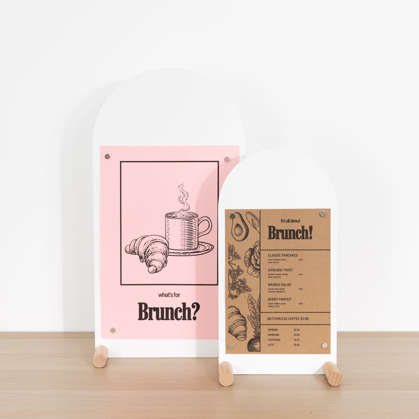 Hotel reception display with clean white magnetic sign and wood base
