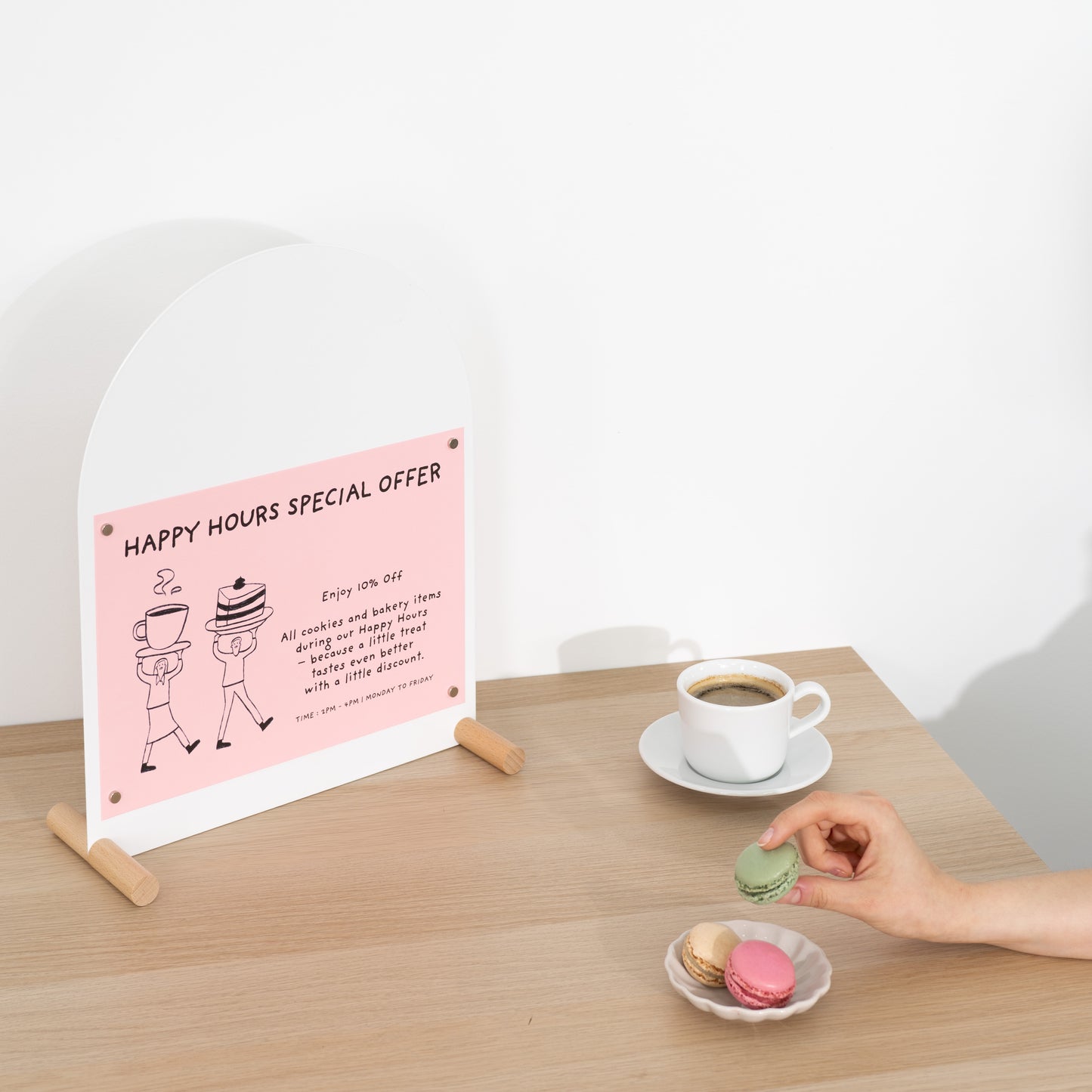 Clean white tabletop sign with promotional print