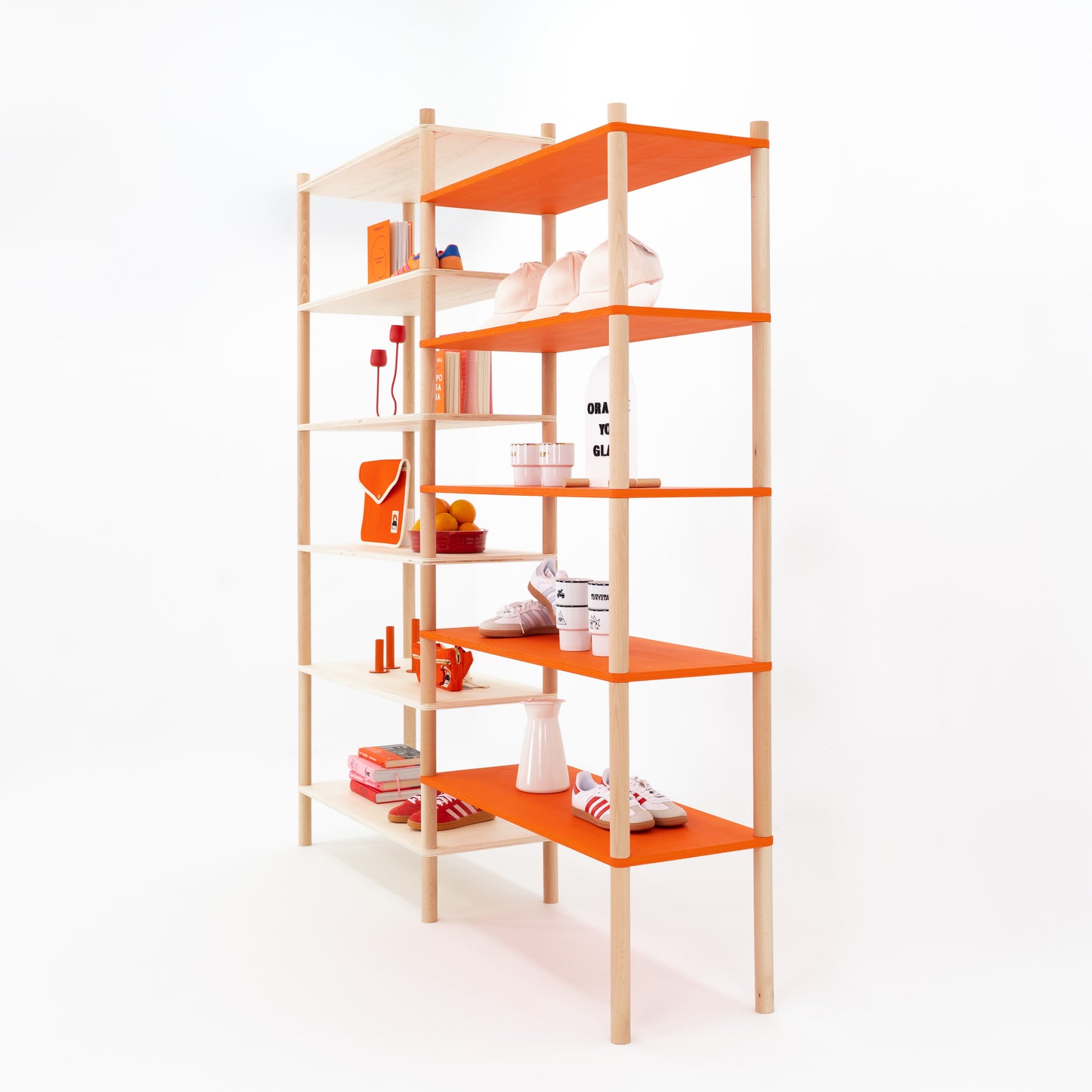 flat-pack wooden shelving set for pop-up booths