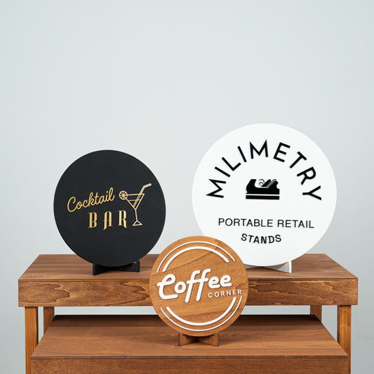 freestanding round wooden logo sign for trade shows and markets