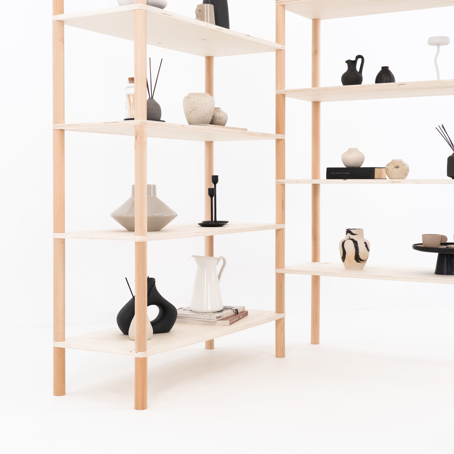 Dual-module shelf with minimalist beech frame