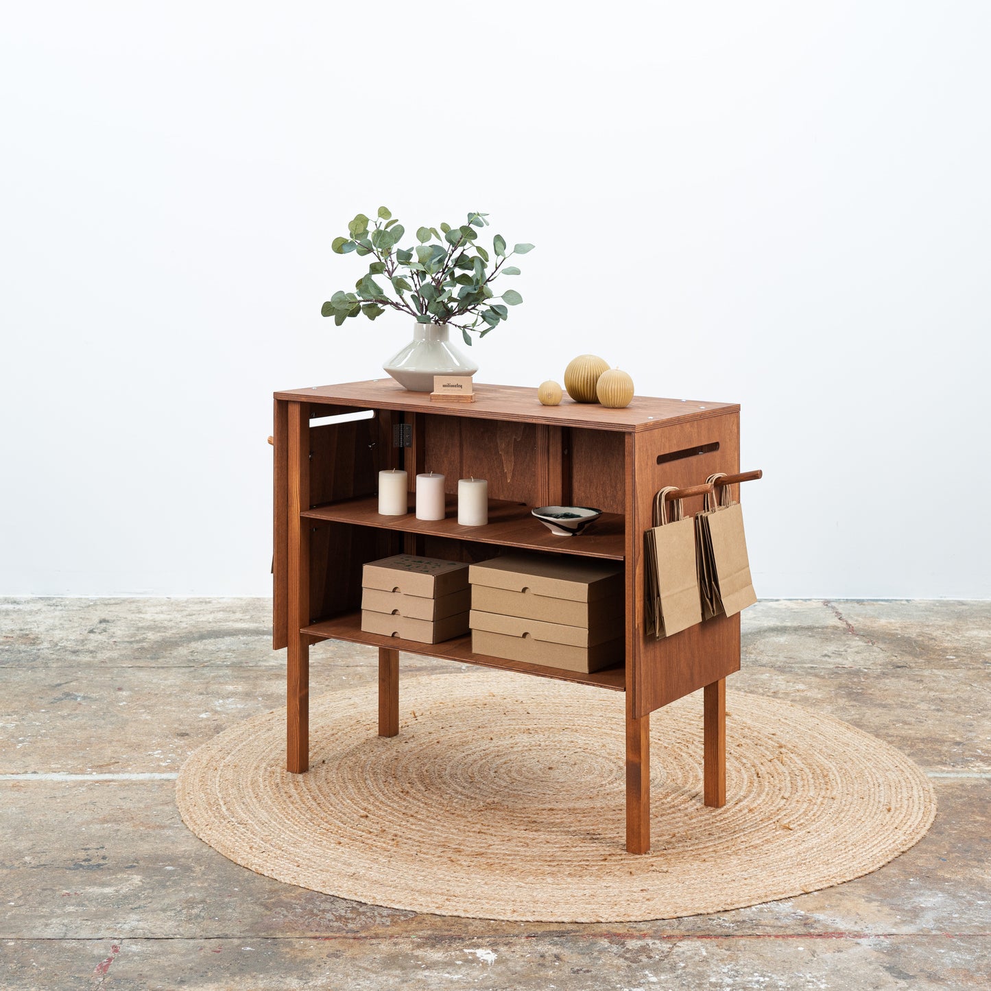 Vendor check stand in elegant brown wood
