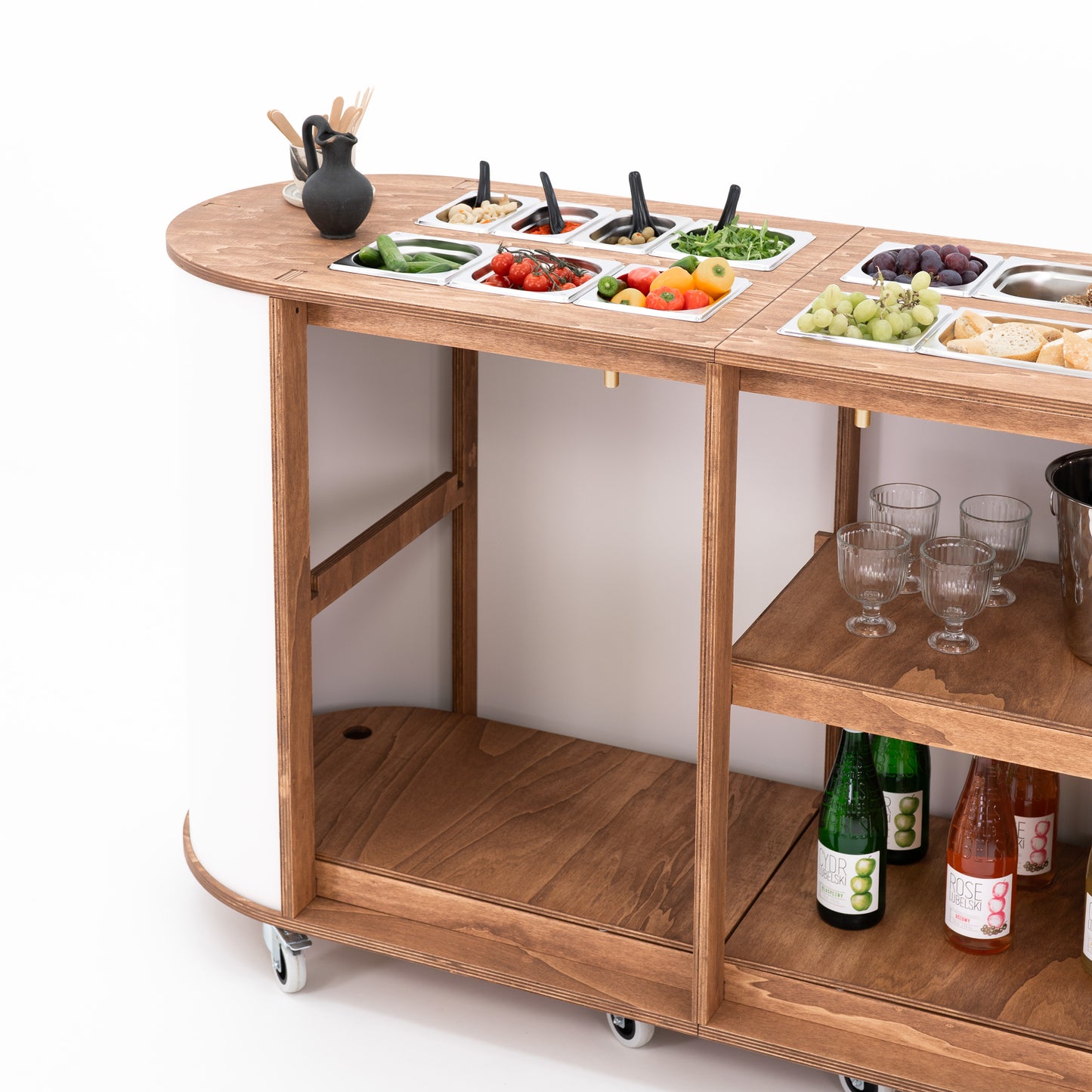 Buffet-style mobile bar cart with natural wood finish
