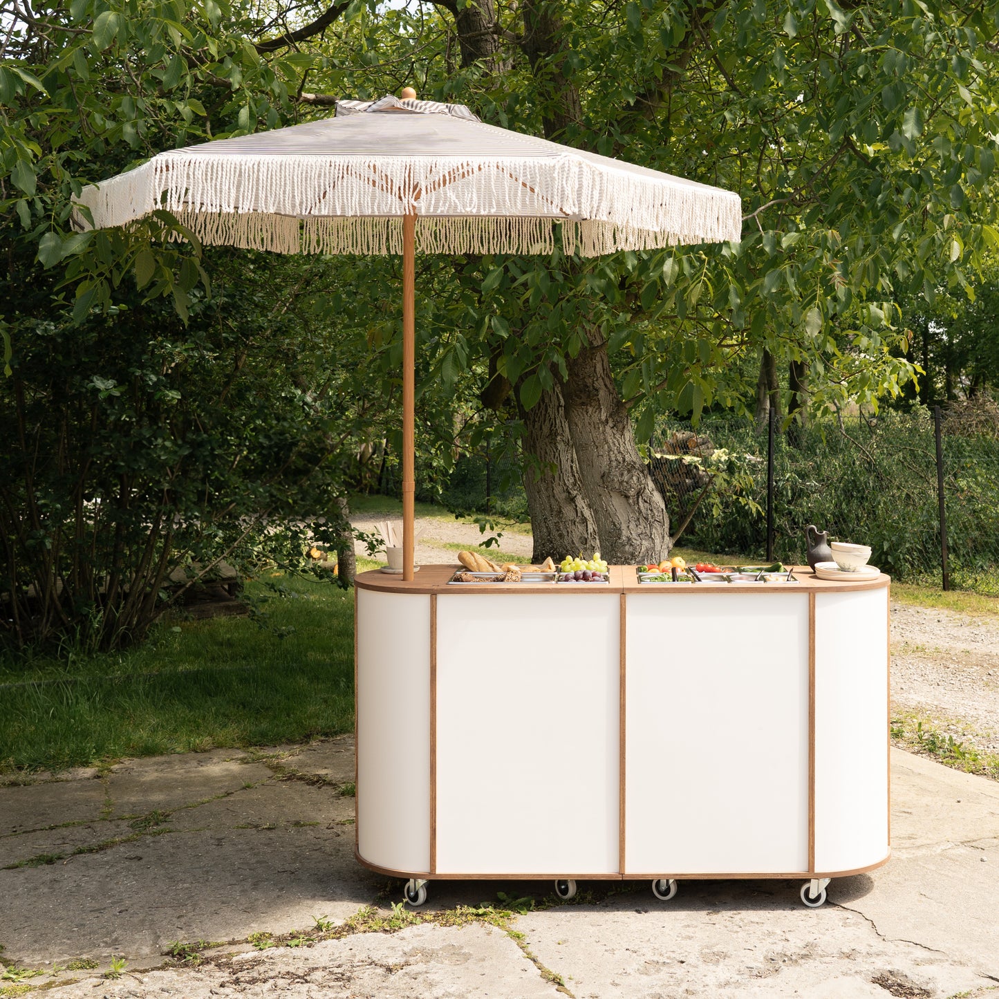 Mobile snack cart for events with wood and white finish