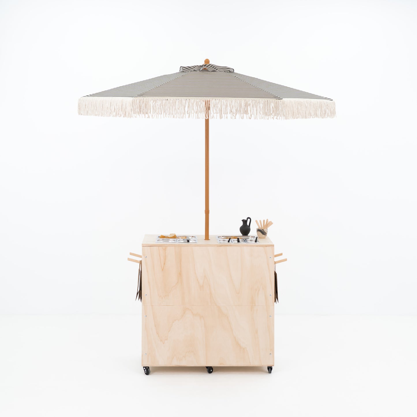 Modular food service cart with custom branding and umbrella holder cutout