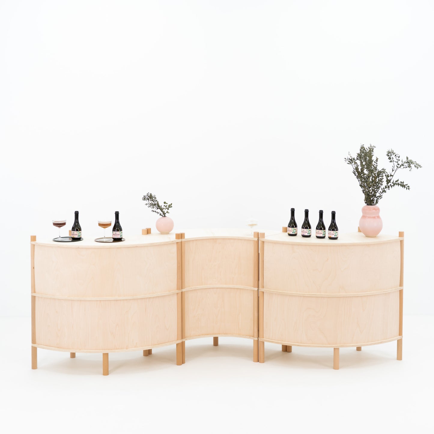 three-piece wave-shaped bambuk checkout counter set for retail and events