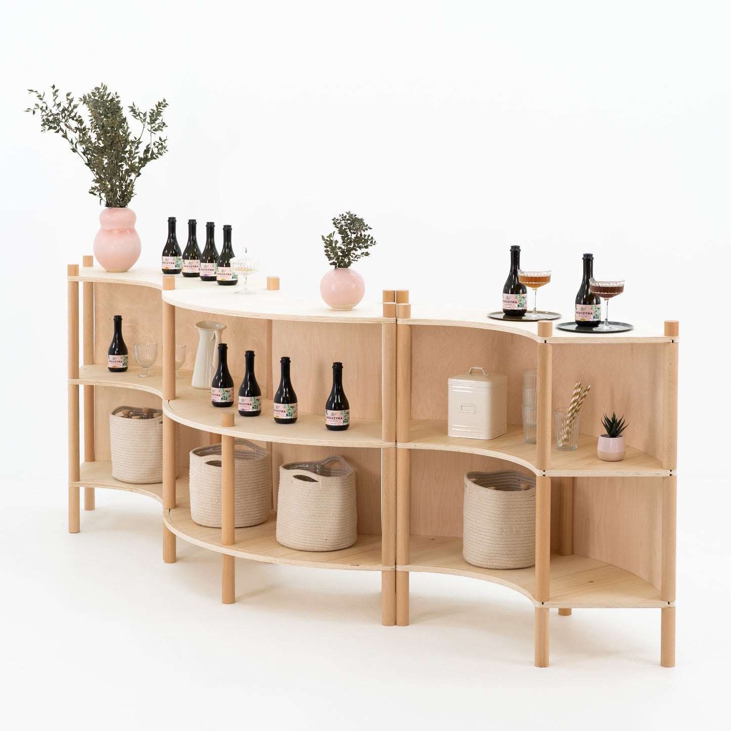 under-counter shelving of wave-shaped bambuk checkout counter set