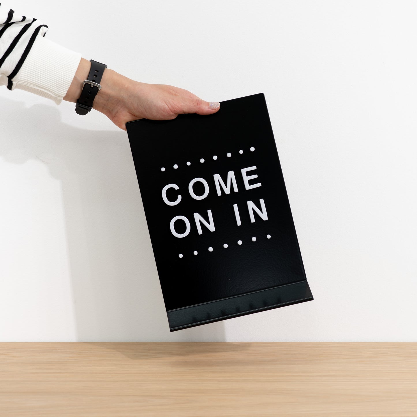 Customizable black magnetic tabletop board compatible with liquid chalk markers