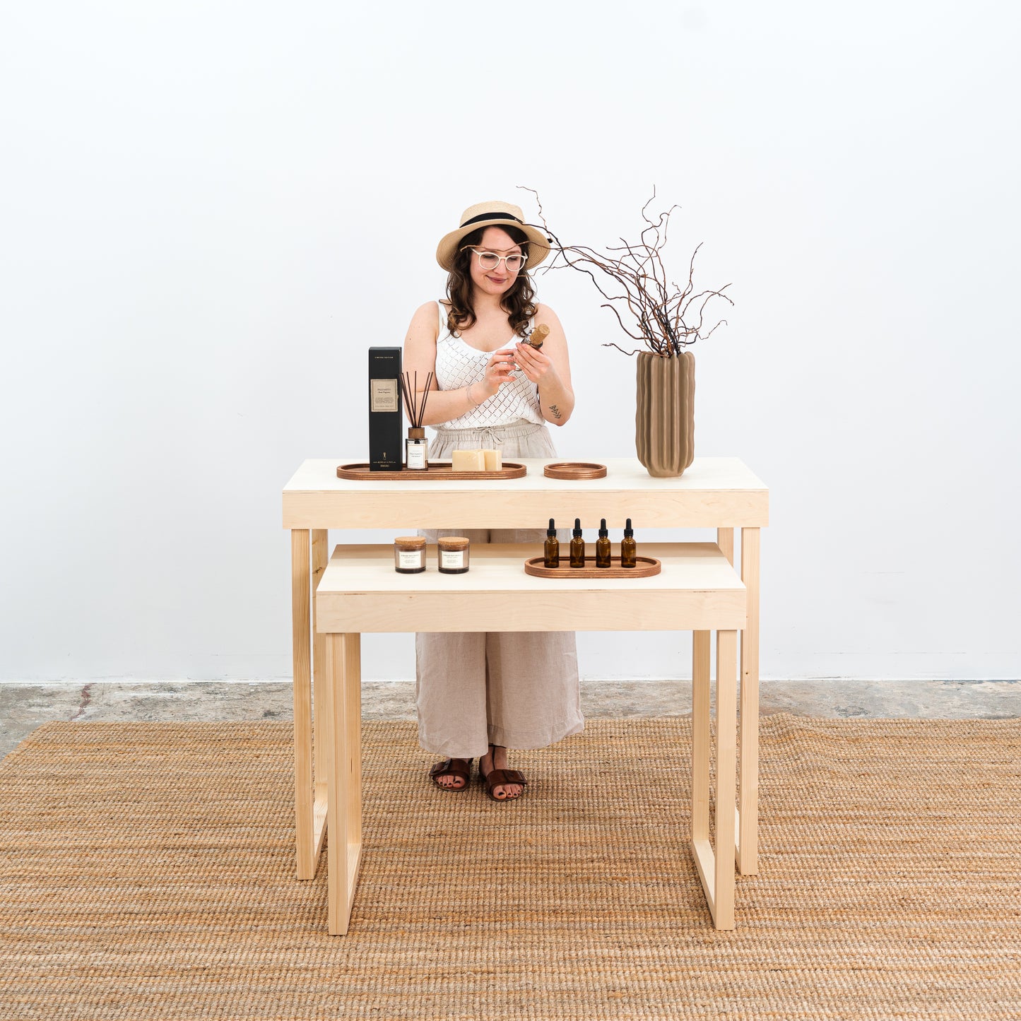 Natural wood nesting vendor tables for trade fair displays