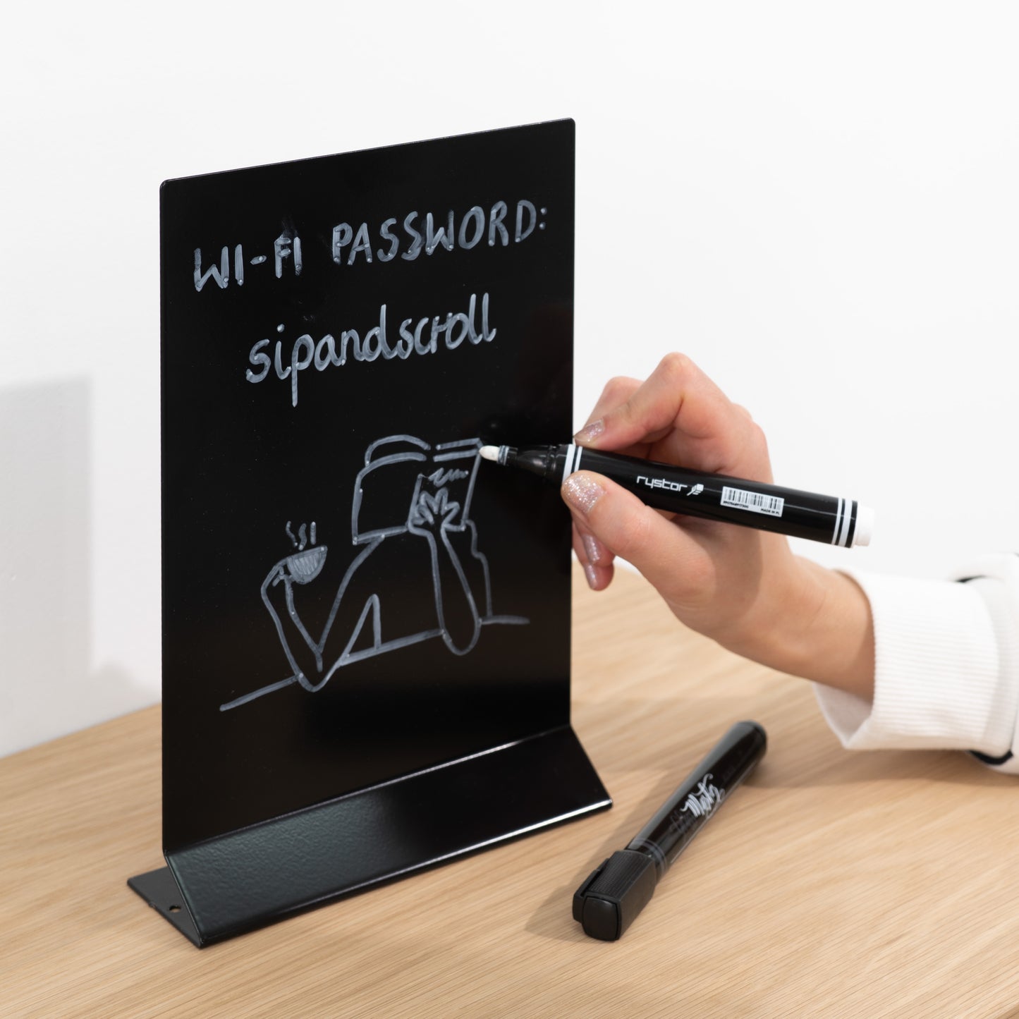 Rectangular black countertop display board with magnetic graphics