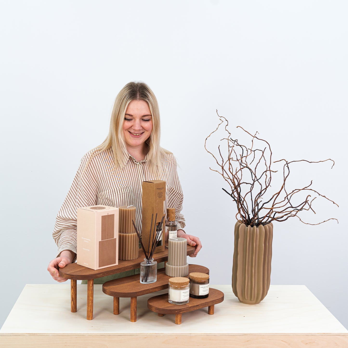 Three-tier coffee wooden risers for artisan and retail presentations