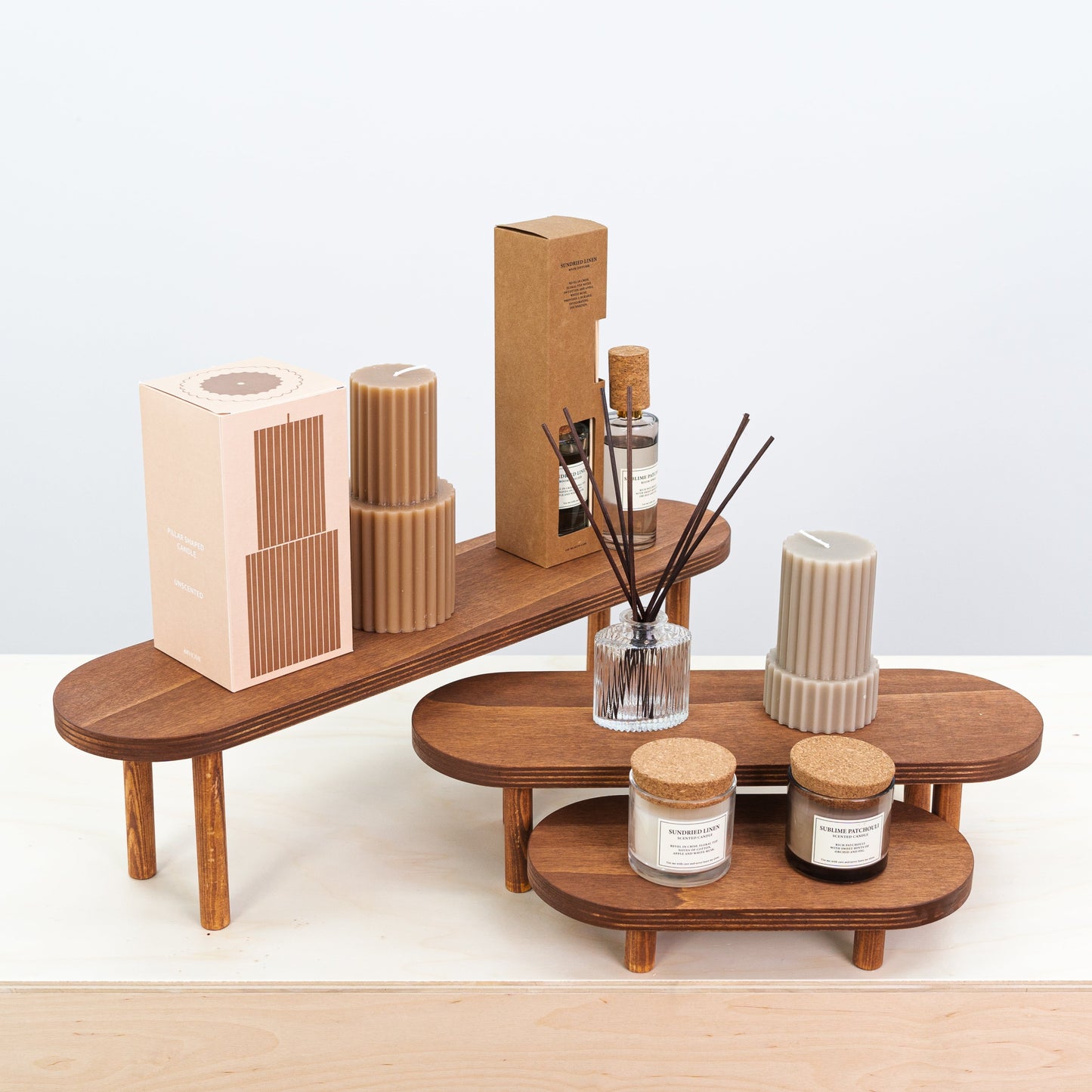 Set of 3 coffee wooden display risers for boutique product setups