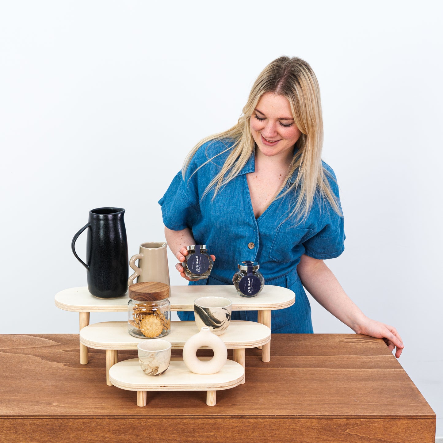 Stylish wooden riser set for jewelry and small product displays