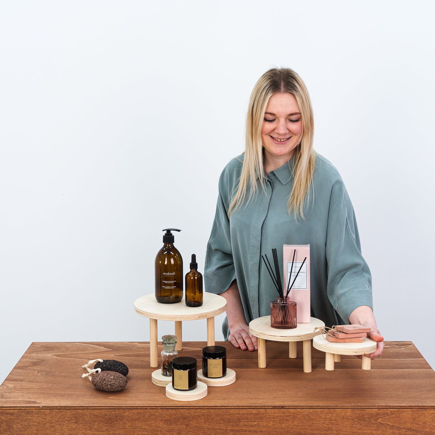 three-tier natural riser display for boutique counters and trade shows