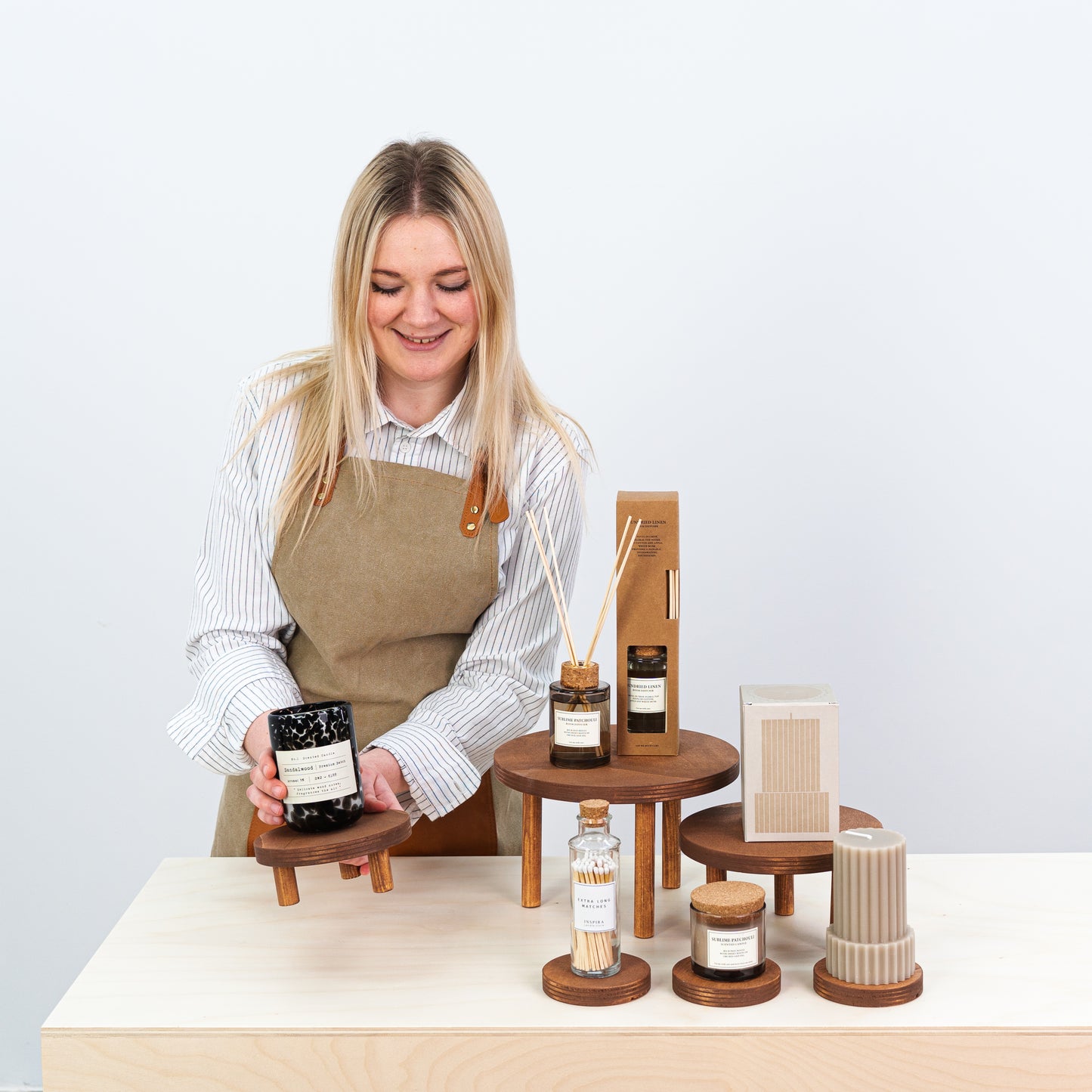 foldable plywood display risers for candles and jewelry